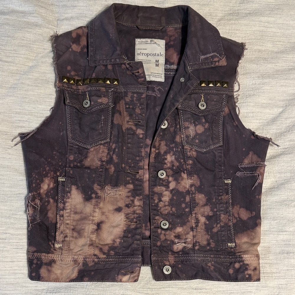 Bleach-Dyed Studded Denim Vest - Tan/Purple/Charcoal Medium